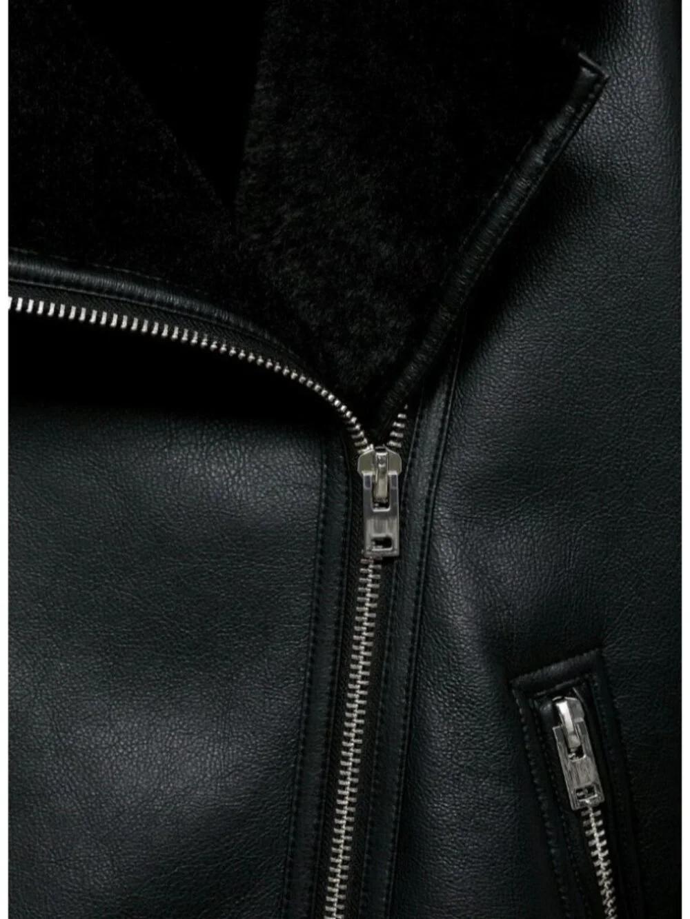 MNG Mango Faux Shearling Moto Jacket M Black Faux Leather Asymmetric Zip Biker - Picture 5 of 14